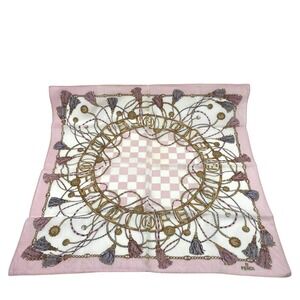 Fendi Vintage Pink Silk Scarf Zucca Logo Chain Tassel Print Square Neckerchief